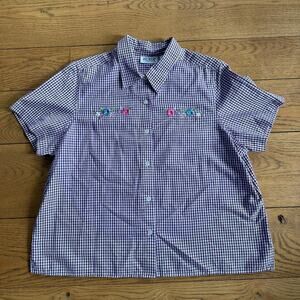Blair Womens Boxy Button Up Gingham Embroidery Cropped SZ L